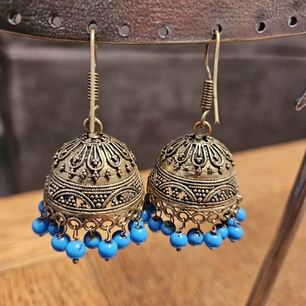 Jhumka Earrings with Turquoise Beads - Picture 5 of 7